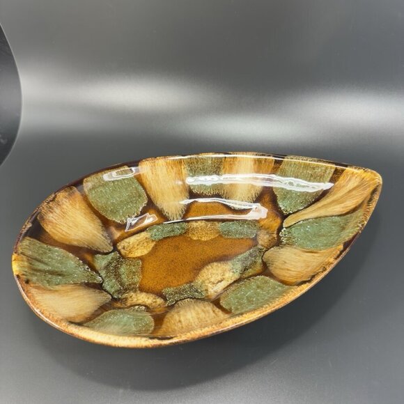 Dryden Pottery Teardrop Shape Dish Plate Centerpiece Brown Glazed Marked Vintage - Picture 10 of 16